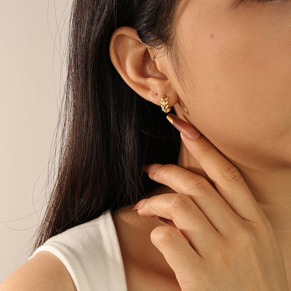 YHE0146 925 Sterling Silver Pave CZ Olive Leaf Hoop Earrings