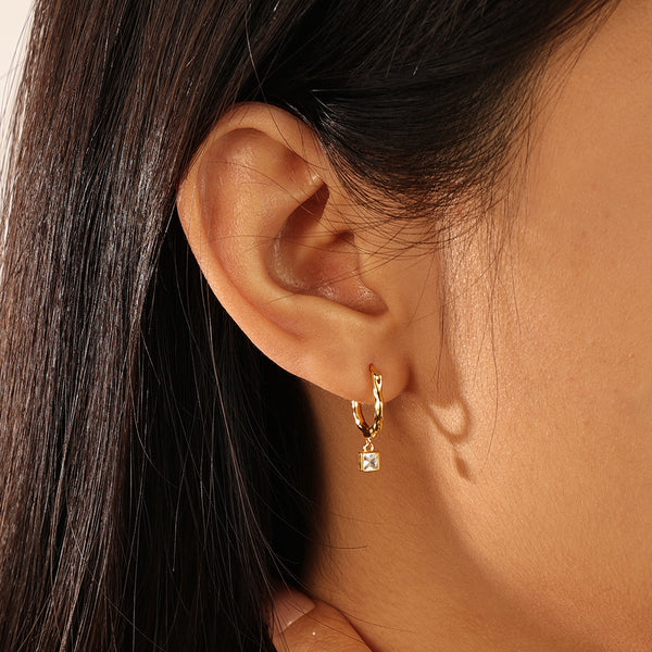 FE2088 925 Sterling Silver Square Princess Zirconia Dangle Hoop Earrings