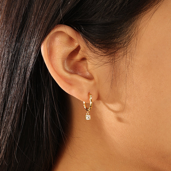 FE2088 925 Sterling Silver Square Princess Zirconia Dangle Hoop Earrings