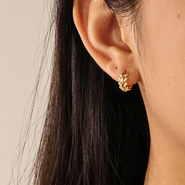 YHE0146 925 Sterling Silver Pave CZ Olive Leaf Hoop Earrings