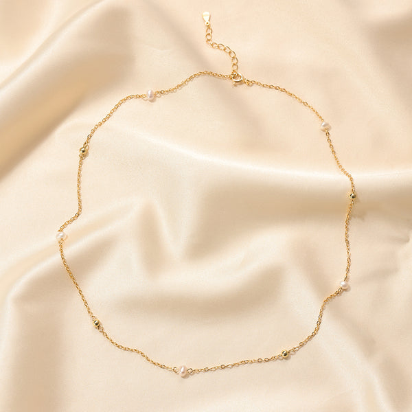 PN0249 925 Sterling Silver Gold Beaded Ball Freshwater Pearl Necklace