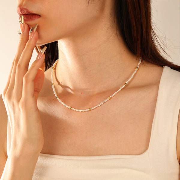 PN0178 925 Sterling Silver Freshwater Pearl Gold Bead Necklace