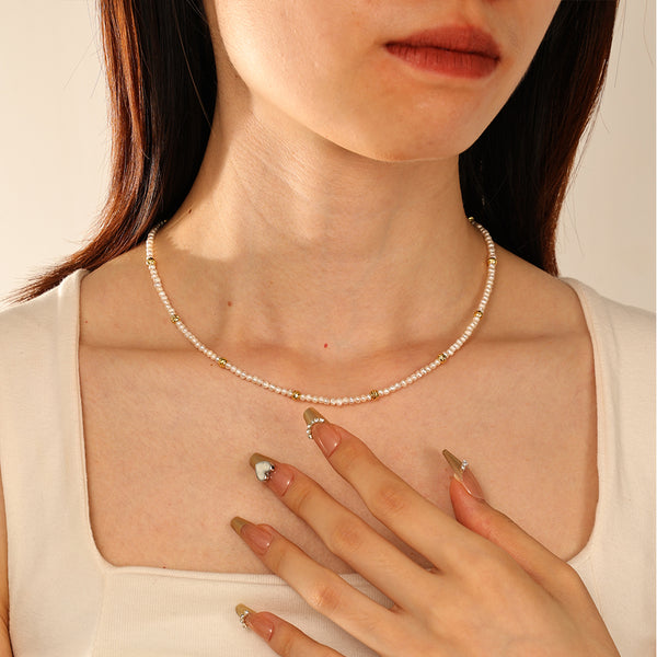 PN0178 925 Sterling Silver Freshwater Pearl Gold Bead Necklace