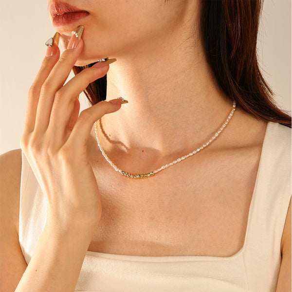 PN0181 925 Sterling Silver Gold Bead Pearl Women Choker Neckalce