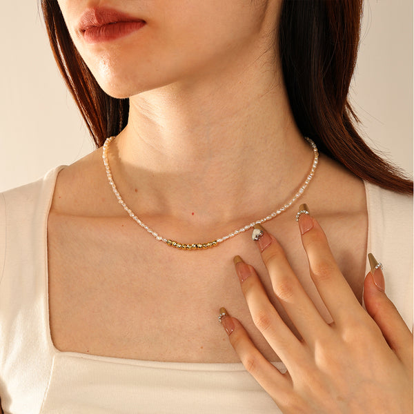 PN0181 925 Sterling Silver Gold Bead Pearl Women Choker Neckalce