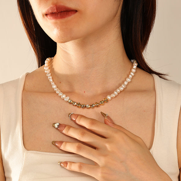 PN0179 Brass Gold Bead Freshwater Pearl Necklace