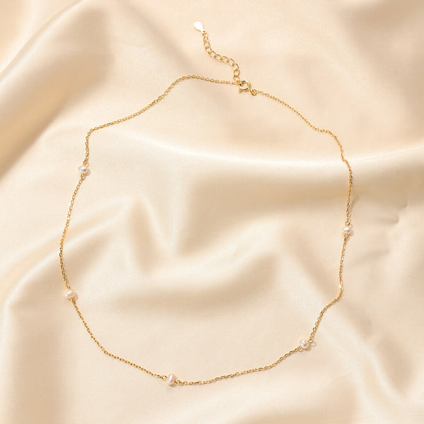 PN0244 925 Sterling Silver Minimalist Freshwater Pearl Bead Charm Chain Necklaces