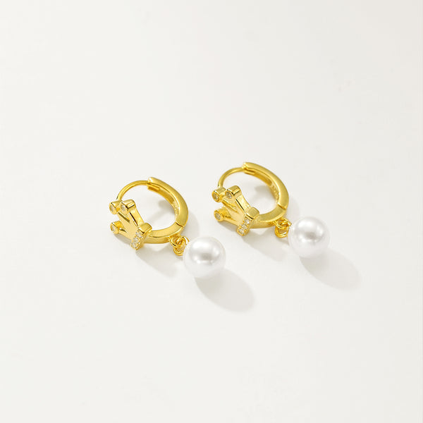 FE2779 925 Sterling Silver Crown Hoop Pearl Dangle Earring
