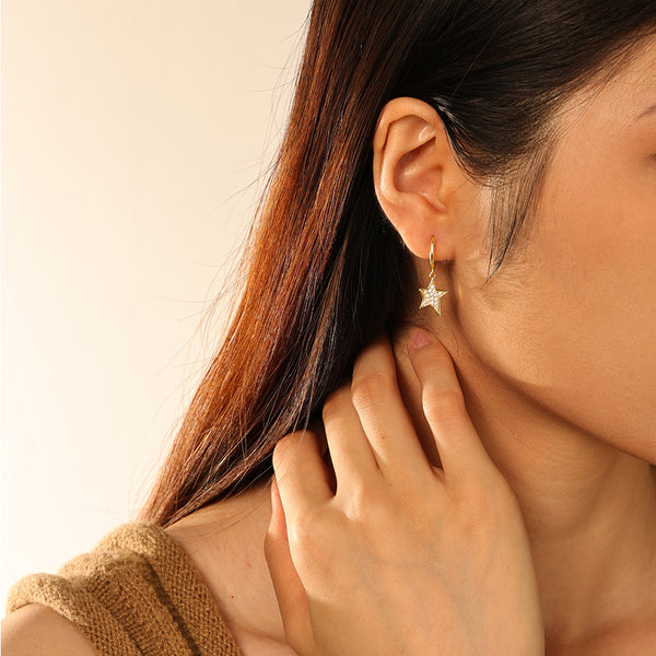 FE2730 925 Sterling Silver Cubic Zirconia Irregular Star Dangle Hoop Earrings