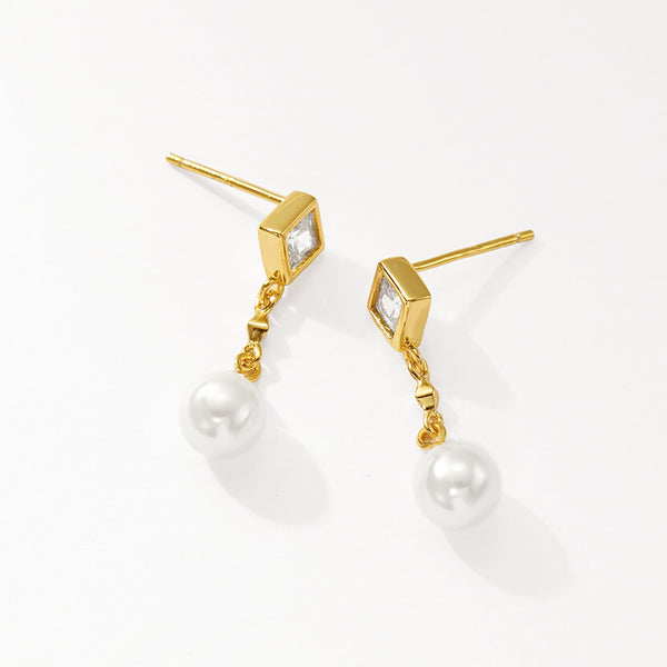 VFE0047 Geometry CZ Shell Pearl Drop Stud Earrings