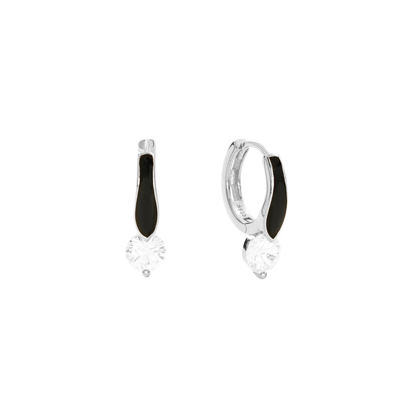 FE2773 925 Sterling Silver CZ Black Enamel Hoop Earrings