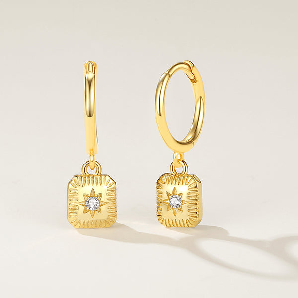 FE2133 925 Sterling Silver Square Starburst Dangle Hoop Earrings