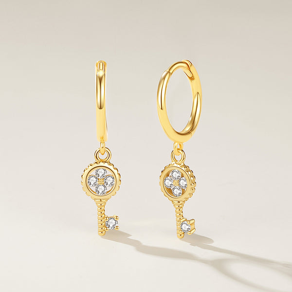 FE2189 925 Sterling Silver CZ Key Dangle Earrings