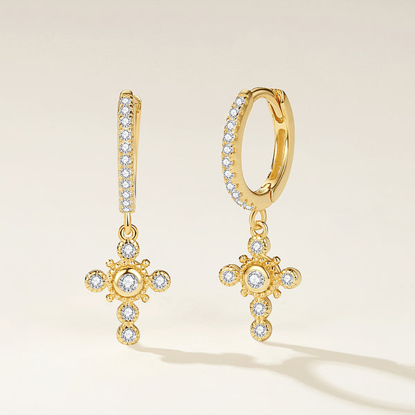 FE2135 925 Sterling Silver Cubic Zirconia Bezel Cross Dangle Earrings