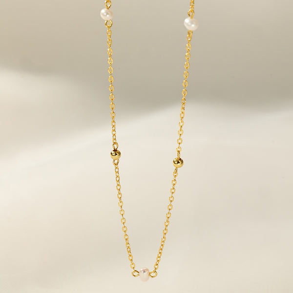 PN0249 925 Sterling Silver Gold Beaded Ball Freshwater Pearl Necklace