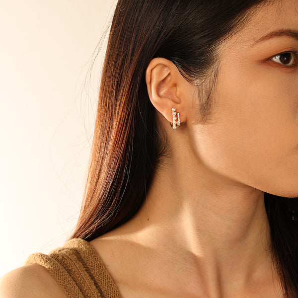 FE2855 925 Sterling Silver Pearl & CZ Hoop Earring