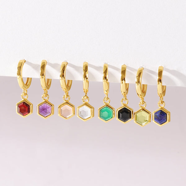 VFE0241 Birthstone Hexagon Drop Huggie Hoop Earring