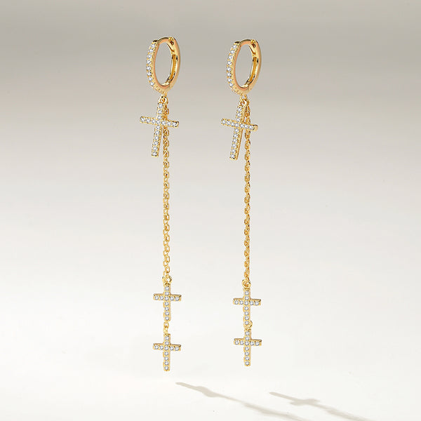 FE2211 925 Sterling Silver Trio Cross Dangle Chain Earrings