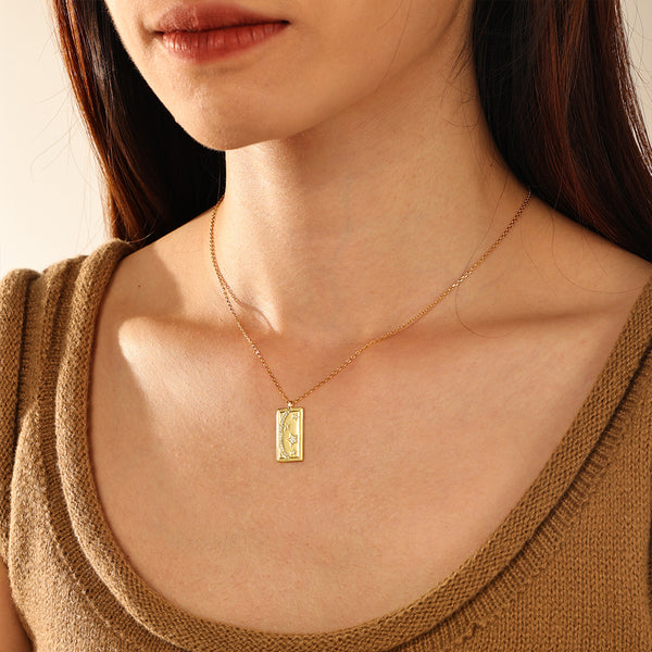 FX1182 925 Sterling Silver Rectangular Moon Star Pendant Necklace