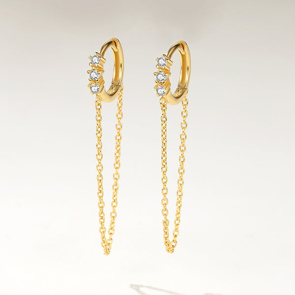 FE2219 925 Sterling Silver Trio CZ Hoop Chain Earrings
