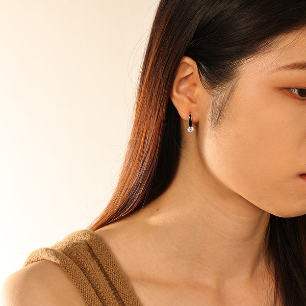 FE2773 925 Sterling Silver CZ Black Enamel Hoop Earrings