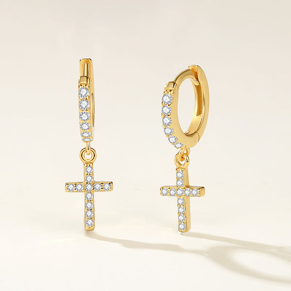 FE2115 925 Sterling Silver Pave Cubic Zirconia Cross Drop Hoop Earrings