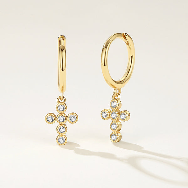 FE2212 925 Sterling Silver CZ Bezels Cross Dangle Earrings