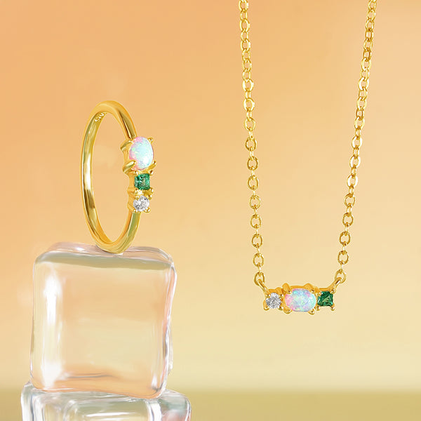 VFX0458 Oval Opal Geometric CZ Pendant Necklace