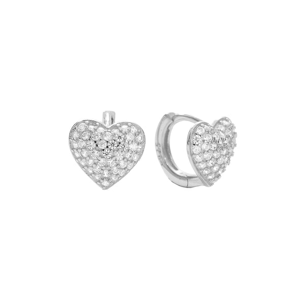 FE2734 925 Sterling Silver Pave Cubic Zirconia Heart Hoop Earrings