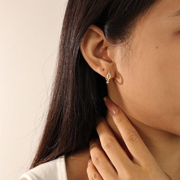 FE2108 925 Sterling Silver Pave Cubic Zirconia Link Chain Hoop Earrings