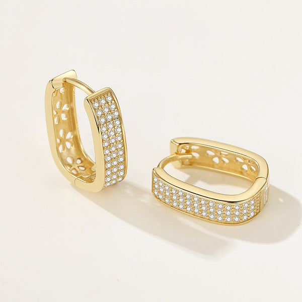 FE2182 925 Sterling Silver Hollow Flower U-shaped Full CZ Hoop Earrings