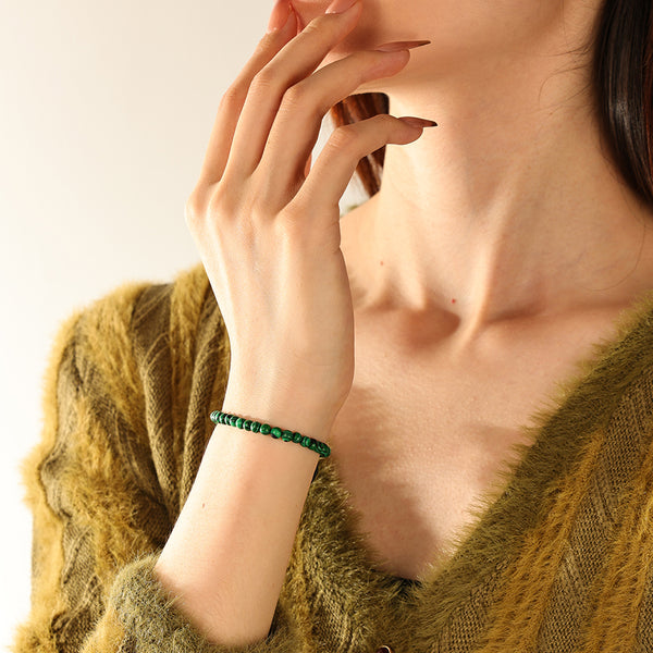 PB0121 925 Sterling Silver Malachite Charm Beaded Bracelets