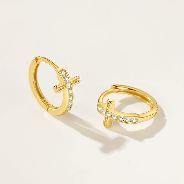 FE2216 925 Sterling Silver CZ Cross Band Hoop Earrings