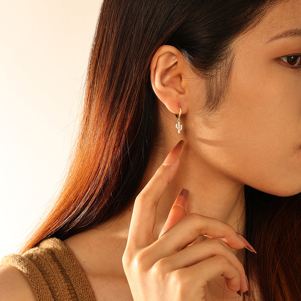 FE2812 925 Sterling Silver Pave Cubic Zirconia Cactus Dangle Earrings