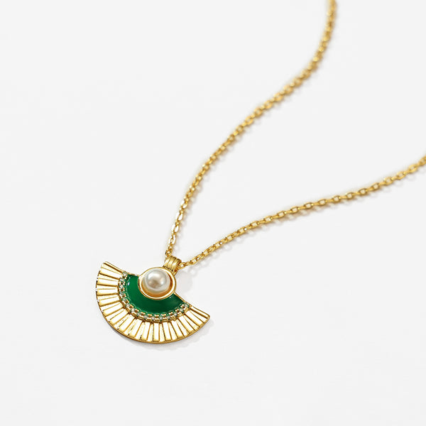 VFX0070 Vintage Green Enamel & Pearl Necklace