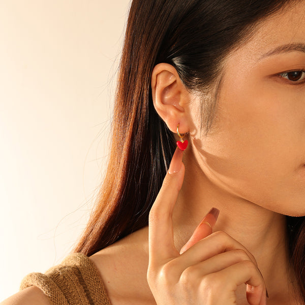 FE2713 925 Sterling Silver Red Heart Hoop Earrings