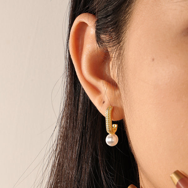 FE2104 Shell Pearl Pave Cubic Zirconia Hoop Earrings