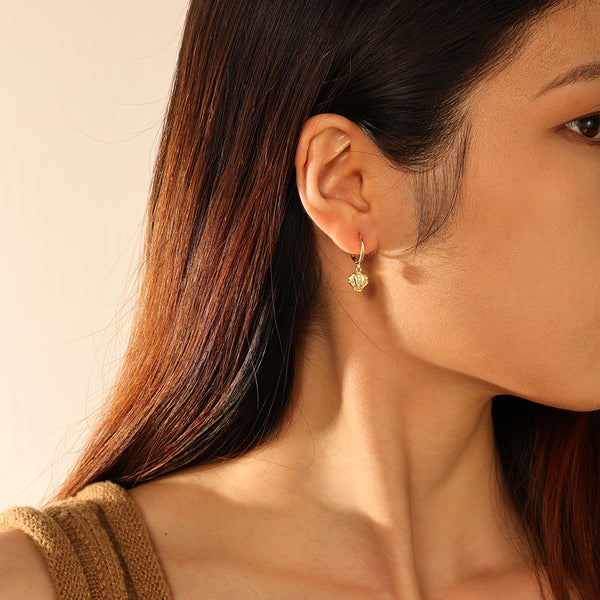 FE2726 925 Sterling Silver Cubic Zirconia Shell Dangle Hoop Earrings