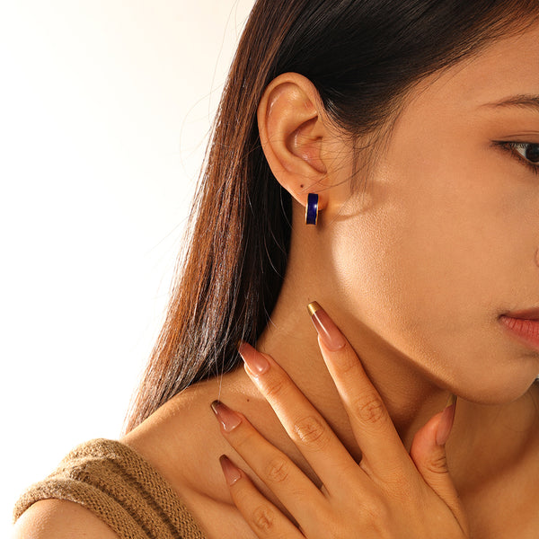 FE2887 925 Sterling Silver Blue Enamel Hoop Earrings