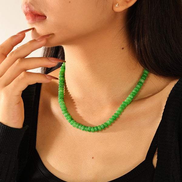 PN0190 925 Sterling Silver Green Charm Beaded Necklace