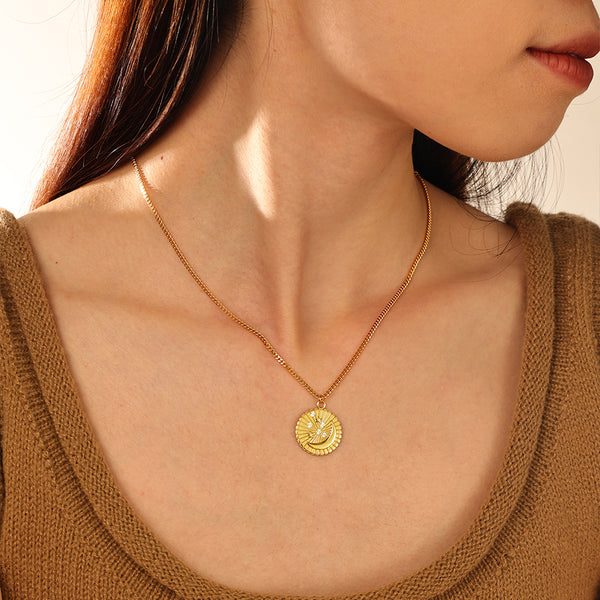 FX1186 925 Sterling Silver Moon Star Diamond Pendant Necklace