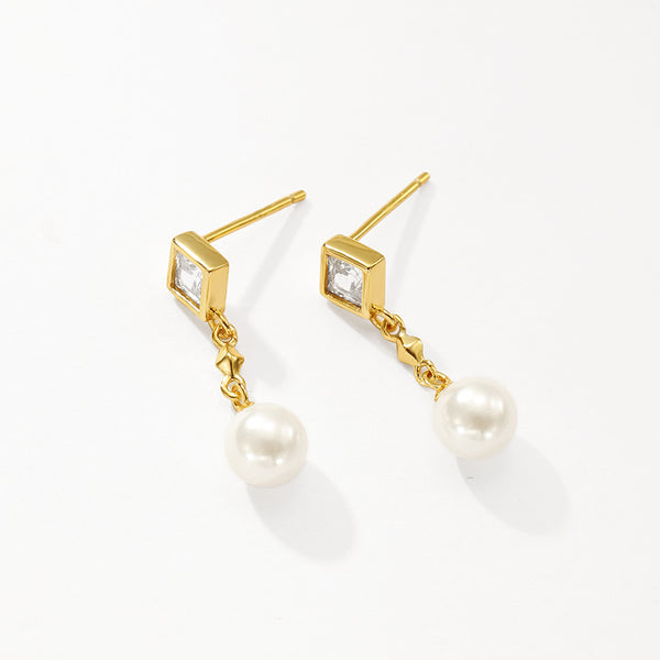 VFE0047 Geometry CZ Shell Pearl Drop Stud Earrings