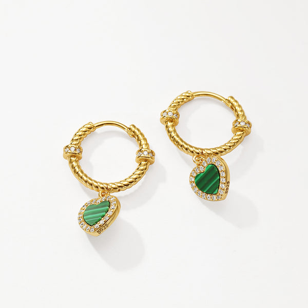 VFE0073 Malachite & CZ Heart Drop Hoop Earrings