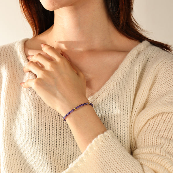 PB0160 925 Sterling Silver Purple CZ Charm Beaded Bracelet