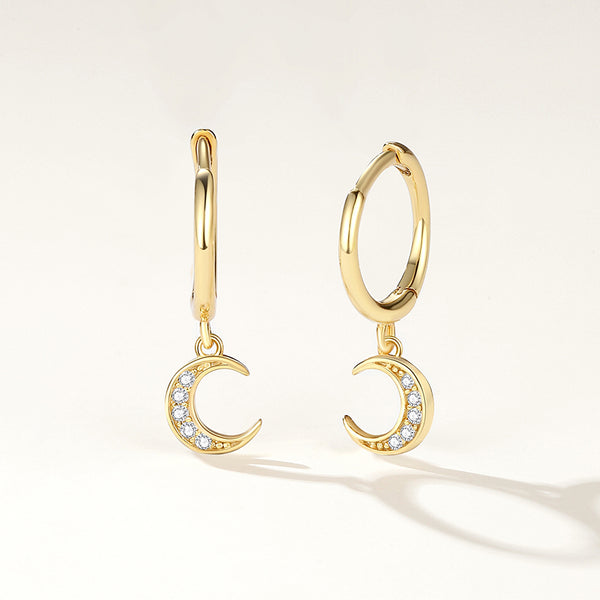 FE2192 925 Sterling Silver Pave Crescent Moon Dangle Earrings
