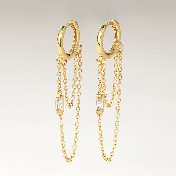 FE2155 925 Sterling Silver Rectangle CZ Double Chain Hoop Earrings