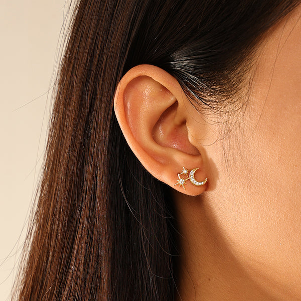 FE2962 925 Sterling Silver Star Crescent Stud Earrings