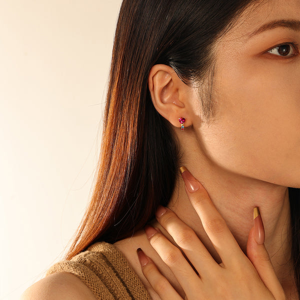 FE2866 925 Sterling Silver Heart Ruby Hoop Earrings