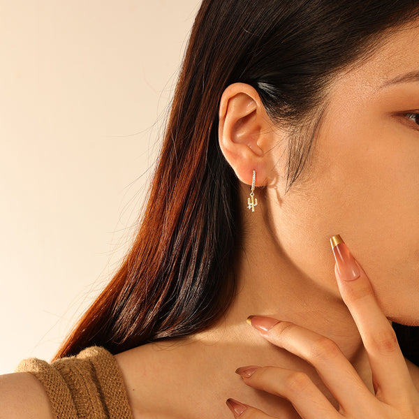 FE2815 925 Sterling Silver Cubic Zirconia Cactus Dangle Hoop Earrings