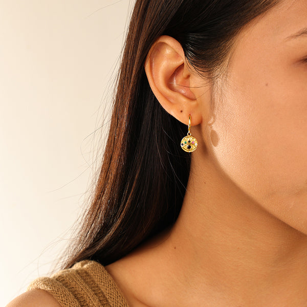 FE2912 925 Sterling Silver Colorful CZ Eye Coin Dangle Earring